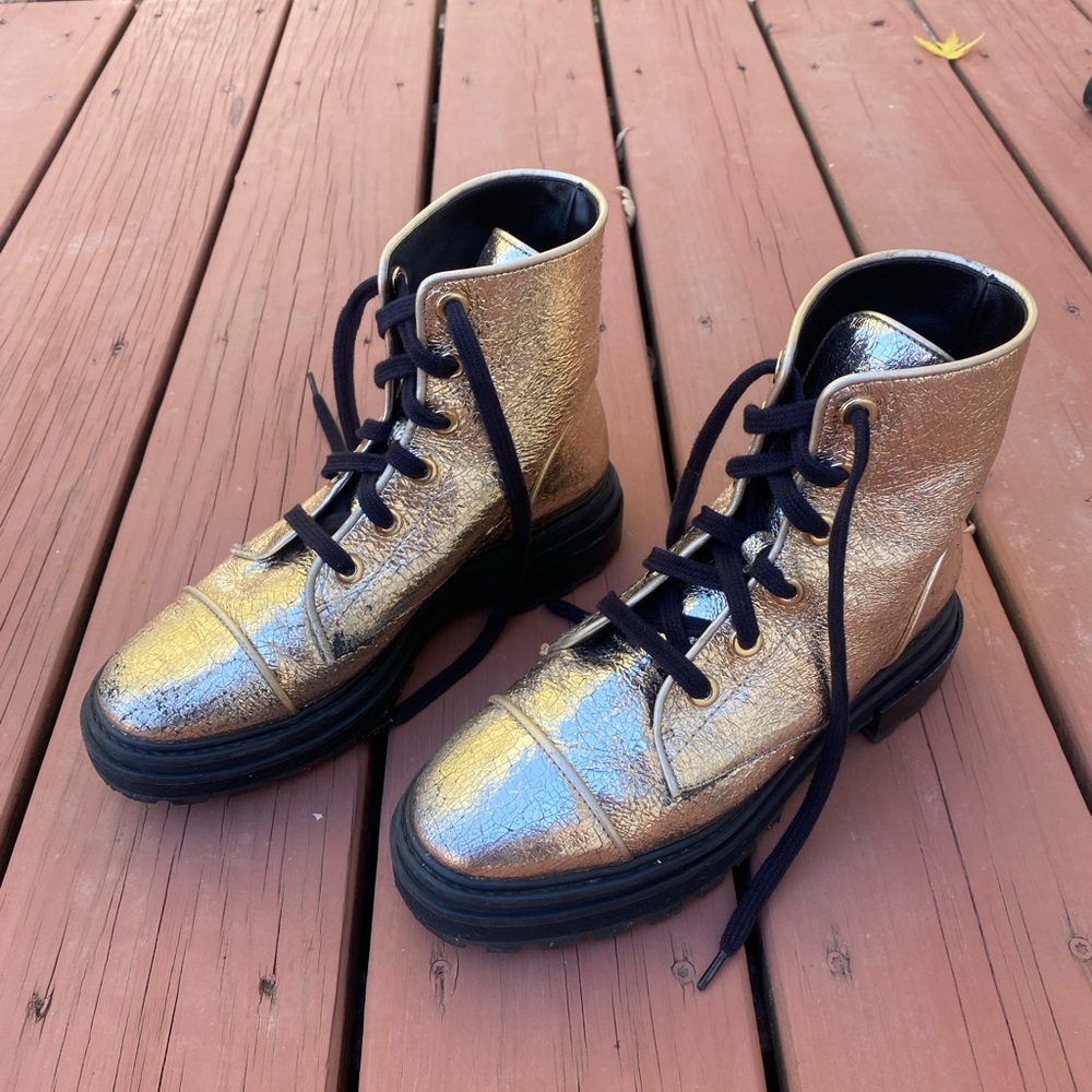 Metallic gold crinkle lace-up lug boots